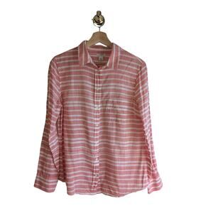 J. Crew Women's M 100% Cotton Long Sleeve Button Up Coral White Stripe Beachy